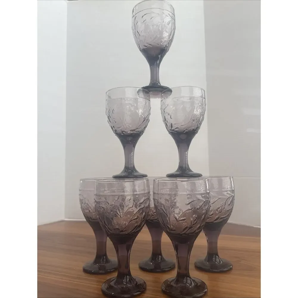 Libbey Garden Vine Amethyst Purple Hammered Stem Goblets Glasses 7